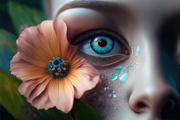 a painting of a woman's face with a flower in her eye and a blue eye with a flower in her eye and a blue background with leaves and water droplets on it. Generative ai