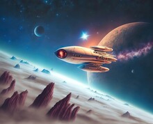 Science Fiction Illustration Of A Spaceship Is Flying From An Unknown Planet In The Universe, Generative Ai