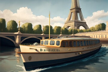 Poster - a boat is in the water near a bridge and a tower in the background with clouds in the sky above it and a bridge and a boat in the water below it, with a.