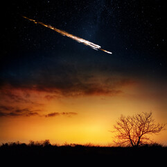 Wall Mural - Comet, asteroid, meteorite flying to the planet Earth.  Glowing asteroid and tail of a falling comet threatening the safety of the Earth.  Elements of this image furnished by NASA.