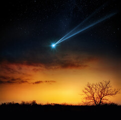 Wall Mural - comet, asteroid, meteorite flying to the planet earth. glowing asteroid and tail of a falling comet 