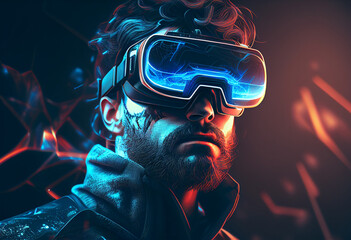 Young man using virtual reality headset, gadgets, technology concept.