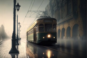 Sticker - a train is traveling down the tracks in the foggy city street with a lamp post and street lamp on the side of the road and a building with a clock on the corner of the.