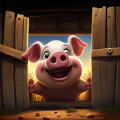 illustration of a smiling happy pig entering the pigsty, generative AI