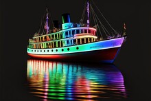 A Large Boat With A Lot Of Lights On It's Side In The Water With A Black Background And A Reflection Of The Boat In The Water With A Rainbow Reflection On The Water.