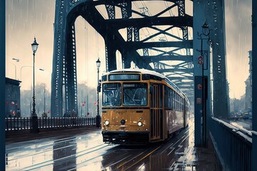 Poster - a yellow bus driving across a bridge in the rain with a street light in the background and a street lamp in the foreground with a light on the bridge and a cloudy day with.