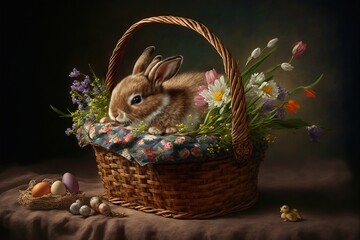 Poster - a painting of a rabbit in a basket with flowers and eggs on a tablecloth with a black background behind it and a few other eggs and flowers in the basket on the ground next.