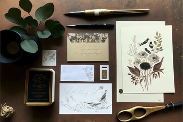 Sticker - a table with a bunch of items on it including a card, scissors, and a pen and paper with a bird on it and a flower on it, and a gold pen and a.