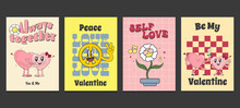 Groovy Hippie Valentine's Day Poster In Trendy Retro 60s 70s Cartoon Style. Vector Illustration 