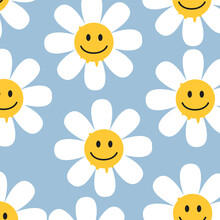 Daisy Flower Melt Smile Faces  Emoji Design On Blue Background Daisy Pattern Daisy Seamless Pattern Vector  Spring 
