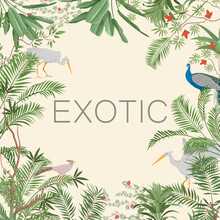 Exotic Chinoiserie Greeting Card. Tropical Foliage And Birds, Asian Style. Flora And Fauna, Wild Life. Aesthetics And Elegance. Poster Or Banner For Website. Cartoon Flat Vector Illustration