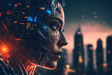 Wall Mural - woman cyborg, futuristic humanoid technology concept with blurred city background, artificial intell