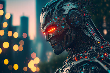 Wall Mural - futuristic cyborg with red eyes, blurred city background, artificial intelligence and future technol