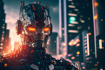 Wall Mural - robot cyborg with red eyes, blurred night city background, futuristic cyber technology machine conce