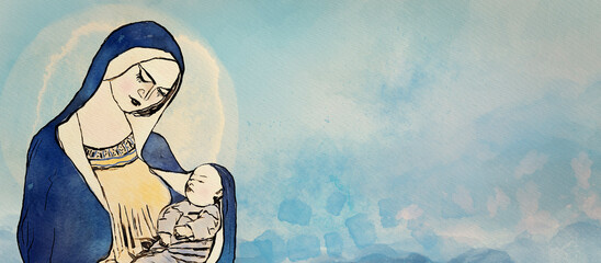 Wall Mural - Virgin Mary with Child Jesus. Watercolor christian banner