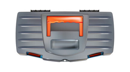 Tool box grey and orange color, top view realistic isolated. Photo-realistic plastic construction container.png