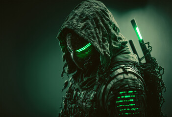 green samurai ninja, deadly warrior in the shadows, terrifying assassin.