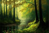 Fototapeta Las - Green forest in the fall. Autumn scene in the morning forest. Generative AI