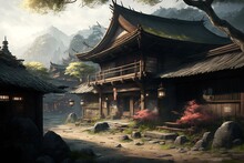 Fantasy Japanese Village Background, Concept Art, Digital Illustration