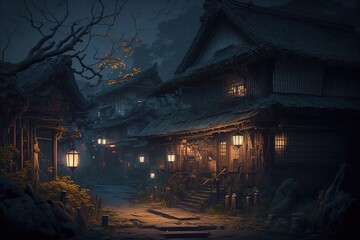 Fantasy Japanese Village at Night, Concept Art, Digital Illustration