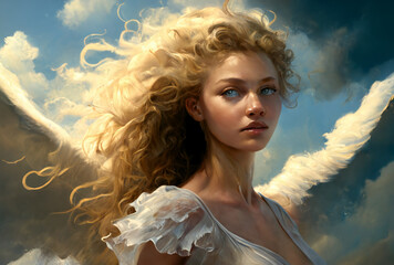 a fictional young woman with blond hair as an angel with angel wings and a sky in the background, the look in her eyes is neutral or serious or skeptical. Generative AI