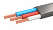 Close-up of a three-core electrical cable. Colored stripped copper wires on white background. 3d illustration