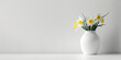 White daffodils in a vase on a wooden table. Front view. Place for text, copy space, mockup. Generative AI