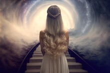 Illustration Of Beautiful Woman From Backside With Beautiful Hair Curl, Heavenly Atmosphere, Endless Path Way To The Light , Idea For Near Death Experience Theme