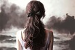  illustration of beautiful woman from backside with beautiful hair curl, heavenly atmosphere, endless water to the horizon , idea for near death experience theme