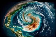 Space View Of The American Ian Hurricane In Florida State Of United States Showing The Effects Of Climate Change On Cities Of America.Generative AI
