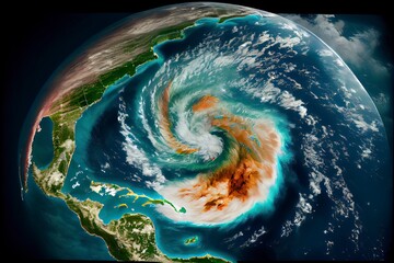 space view of the American Ian hurricane in Florida state of United States showing the effects of climate change on cities of America.Generative AI