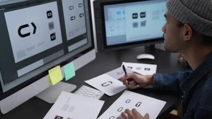 Graphic designer drawing sketches logo design. The concept of a new brand. Professional creative occupation with idea.