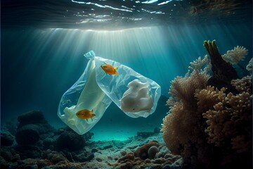 Wall Mural - Plastic bags and bottles underwater in the ocean. Pollution problem causing damage in fish and coral reef