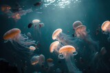 Fototapeta Do akwarium - swarming medusa in ocean . Illustration generated by AI.