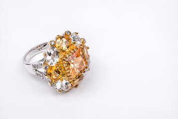 citrine silver ring , natural gemstone jewelry , citrine gemstone , gemstone ring on white background