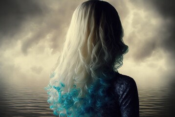 illustration of beautiful woman from backside with beautiful hair curl, heavenly atmosphere, endless water to the horizon , idea for near death experience theme