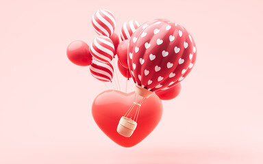 Poster - Hot air balloon and love heart shape, 3d rendering.