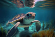 Baby turtle under the sea water. Sea turtle in wild nature. Underwater photo with tortoise. Generative AI