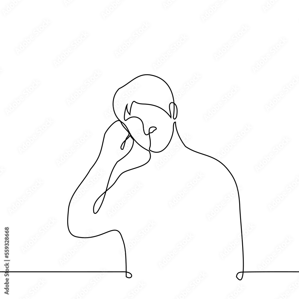 Vetor man bowing his head, scratching behind his ear, he thought - one ...