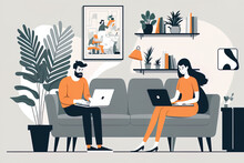 Working From Home, A Guy And A Woman Sit On A Sofa. The Couple Is Quite Busy. Woman Evaluating Ui And Ux While Working On A Laptop At Her Desk. A Student Studying At Home Is Depicted In A . Generative