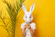 © sementsova321 - Portrait of woman wearing white T-shirt and paper rabbit mask standing isolated over yellow background near green palm leave, using cell phone, chatting, texting with friends.