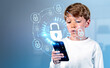 © ImageFlow - Kid boy with phone, cybersecurity hologram and padlock circuit