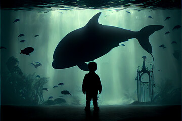 Wall Mural - A kid looking at a big fish in a huge aquarium, generative AI