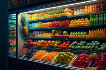Wall Mural - Fresh and colorful Fruit and vegetable section of the supermarket, generative AI