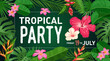 © Sketch Master - Tropical banner design template. Dark green theme with hibiscus flowers, palm, monstera leaves, tropical exotic flowers. Best for invitations, flyers, party posters.