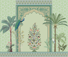 Traditional Mughal Arch, Moroccan Border, Plants, Tree, Peacock Colorful Decorative Frame