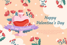 St. Valentines Day Background Design With Love Potion Bottle Concept Illustration With Red Flowers Behind It With Ribbon On Beige Backdrop. Greeting Card, Decorative Hearts And Clouds On The Back