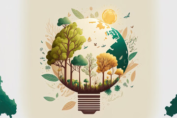 Wall Mural - Tree and earth globe on light bulb with windmill design for World Environment Day or International Day of Forests on pastel backdrop. Generative AI