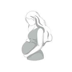  Pregnancy. A young pregnant girl hugs her belly. line drawing