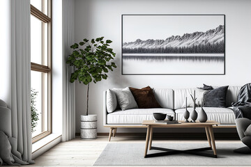 Interior design of a Scandinavian contemporary living room with a sofa, a wood coffee table, house decorations, and a mockup of a blank picture frame on a white wall. Generative AI